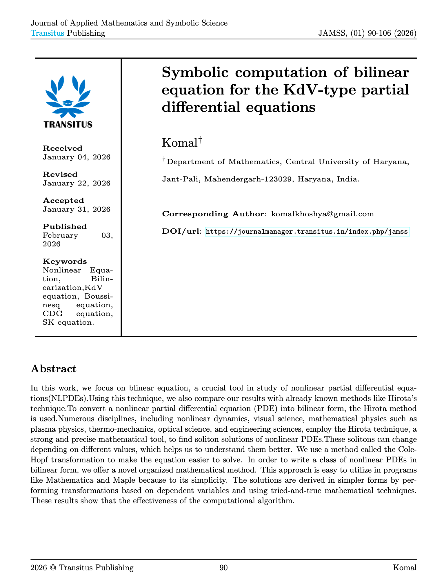 Symbolic computation of bilinear equation for the KdV-type partial differential equations