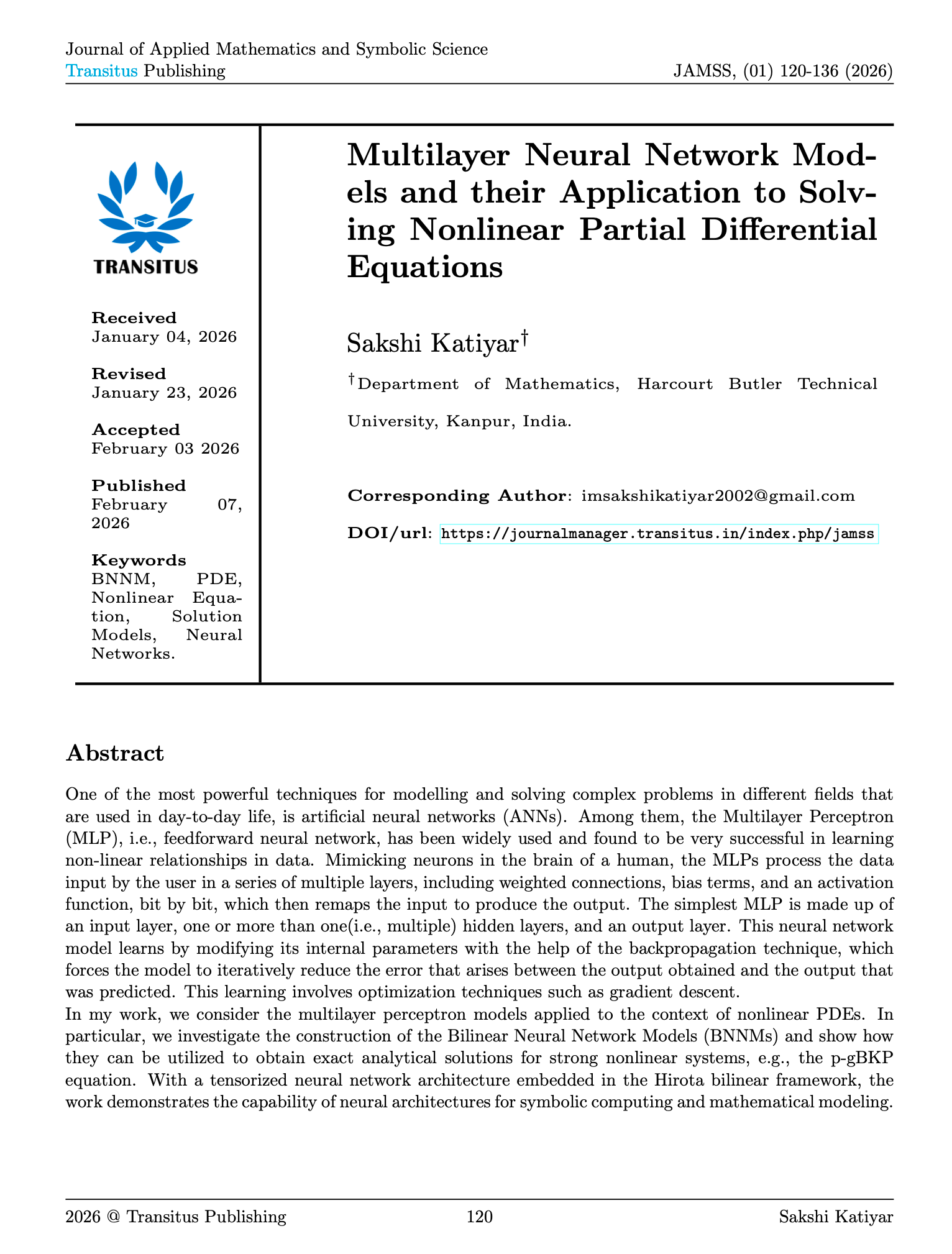 Multilayer Neural Network Models and their Application to Solving Nonlinear Partial Differential Equations