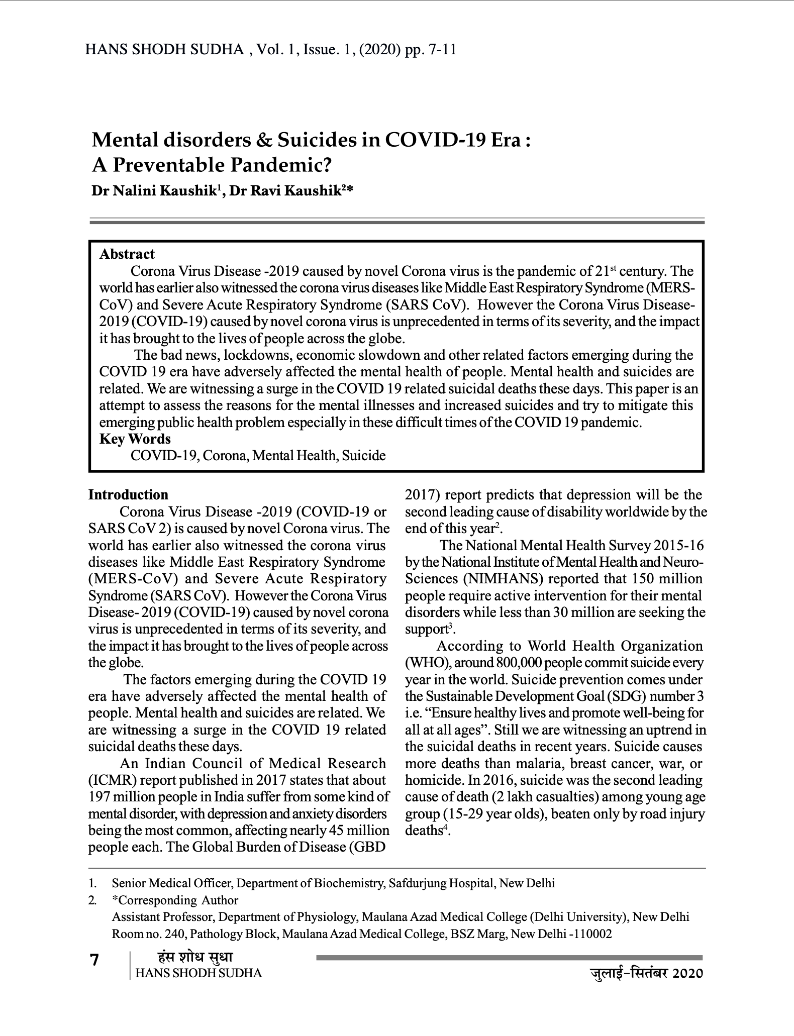 Mental Disorders & Suicides in Covid-19 Era: A Preventable Pandemic?